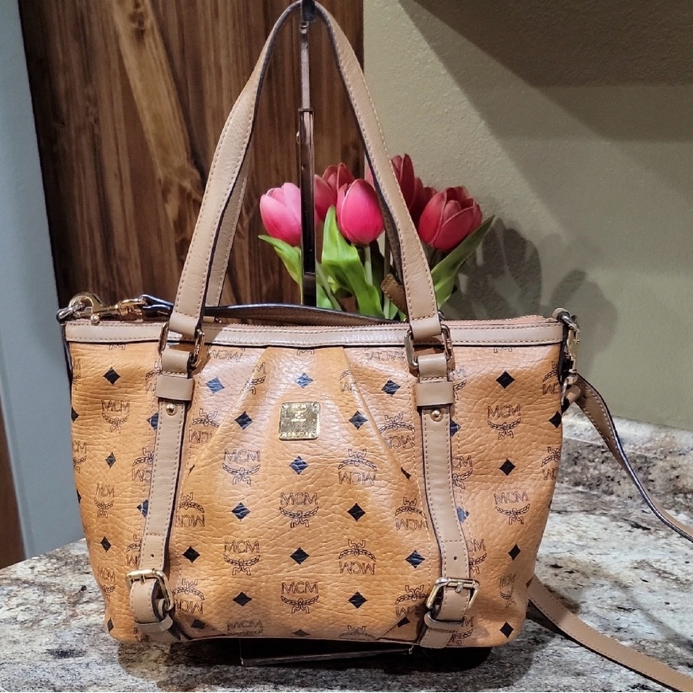 MCM Cognac Brown Visetos Logo Satchel